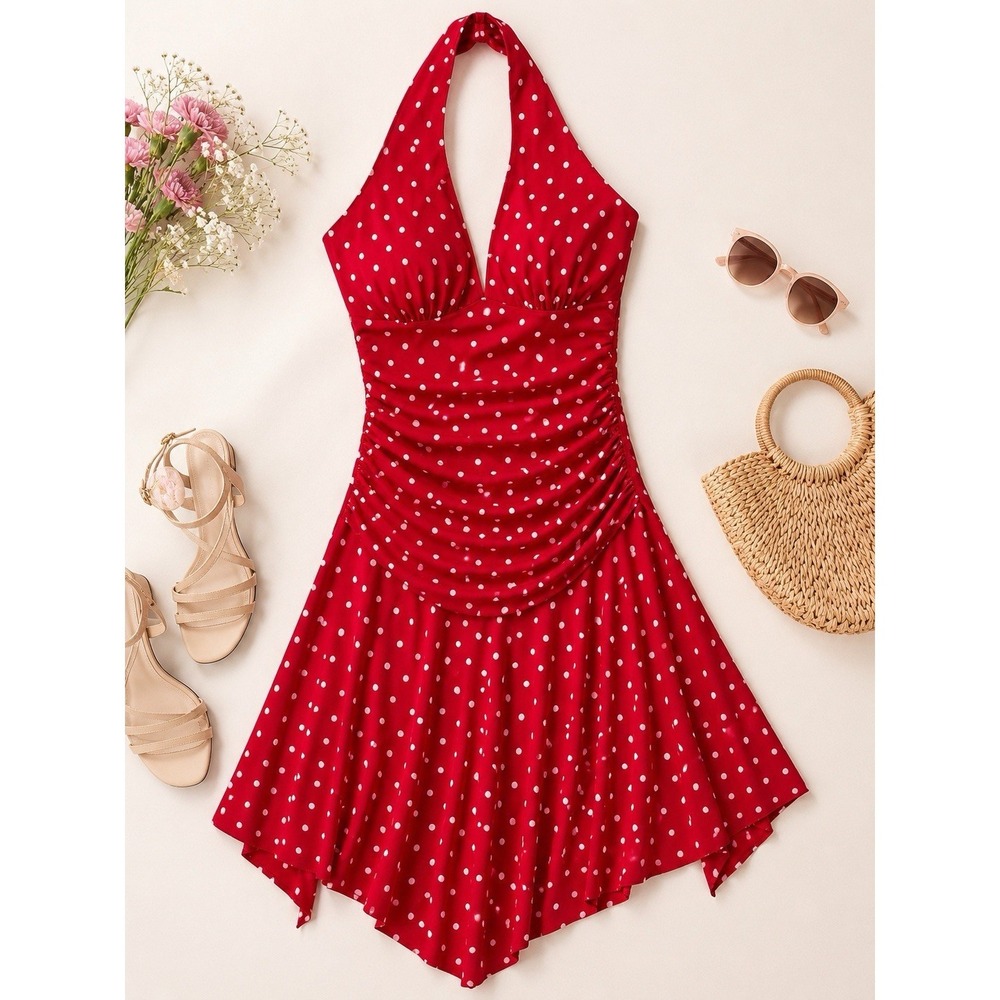 First Look Red Polka Dot Halter Midi Dress Ruched Pin Up Rockabilly S Vintage